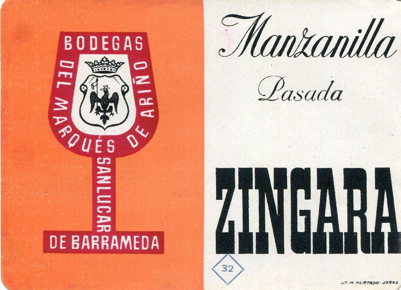 Etiqueta de manzanilla Zíngara, del Marqués de Ariño