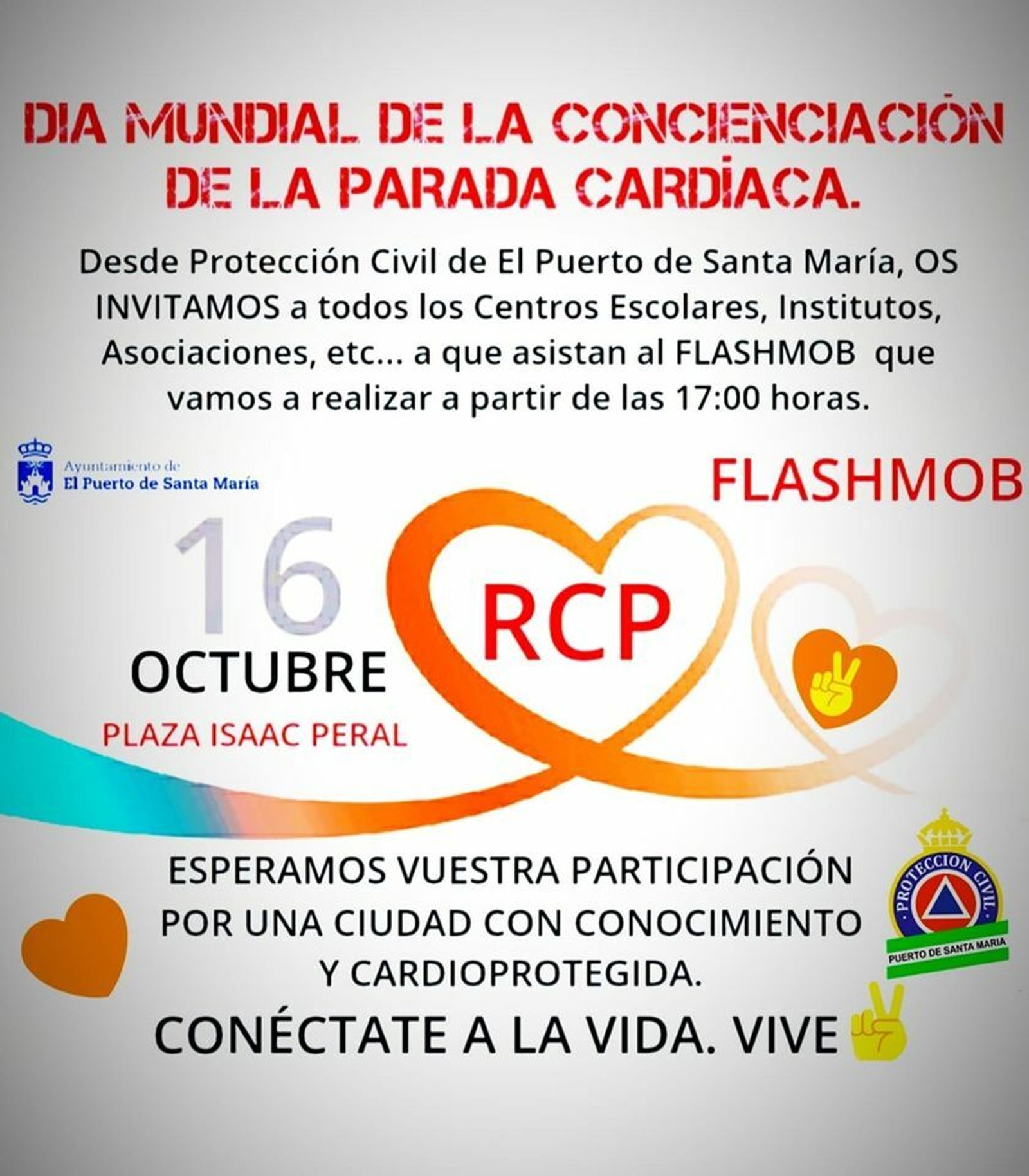 Cartel anunciador de los talleres que Protección Civil realizará mañana en la plaza Isaac Peral con motivo del Día Mundial de la Concienciación de la Parada Cardíaca.