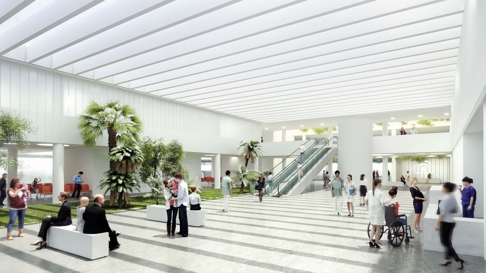 Imagen virtual del interior de la edificación proyectada, con amplios espacios comunes para los usuarios.