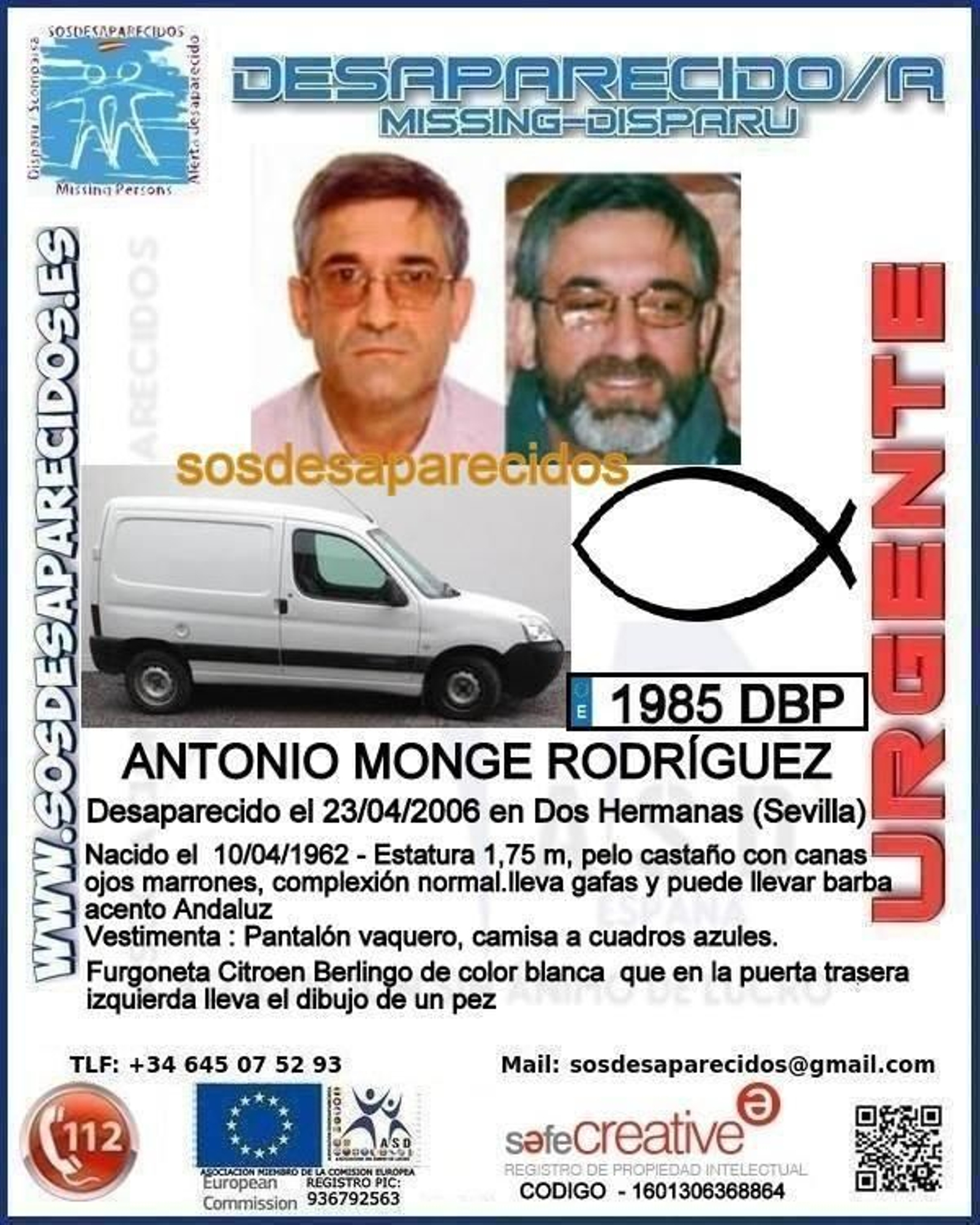 Cartel de Antonio Monge en SOS Desaparecidos
