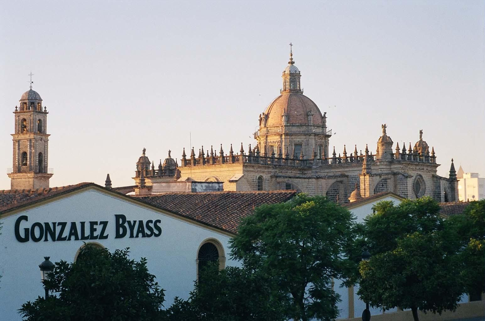 Imagen de las bodegas jerezanas de González Byass con la catedral al fondo.