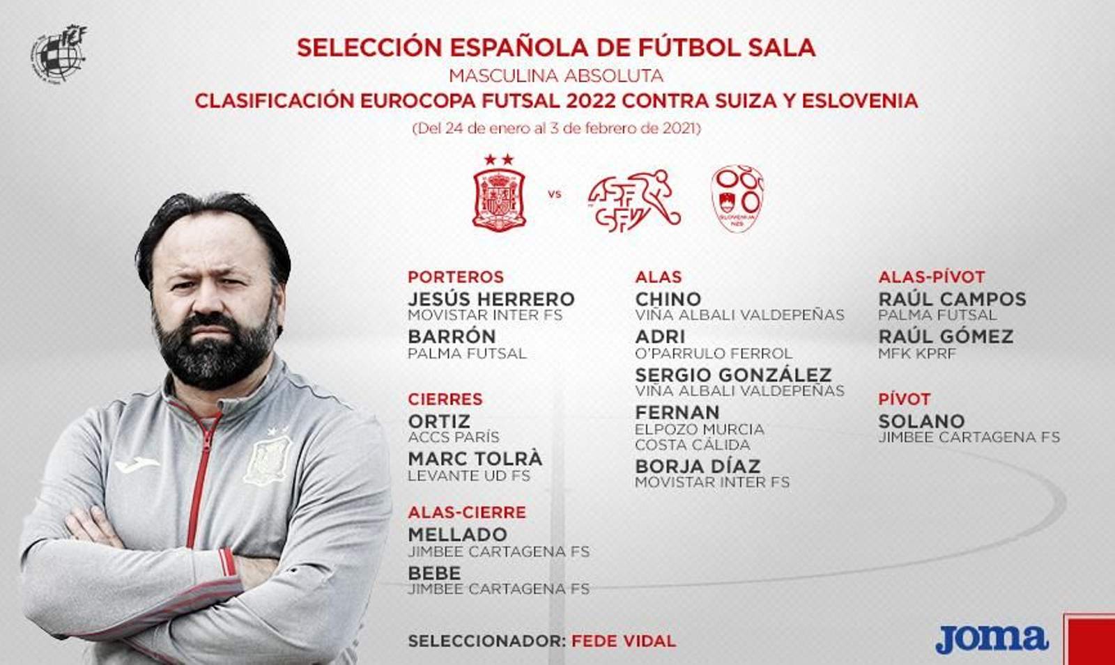 Imagen de la citación de la selección española para sus próximos encuentros.