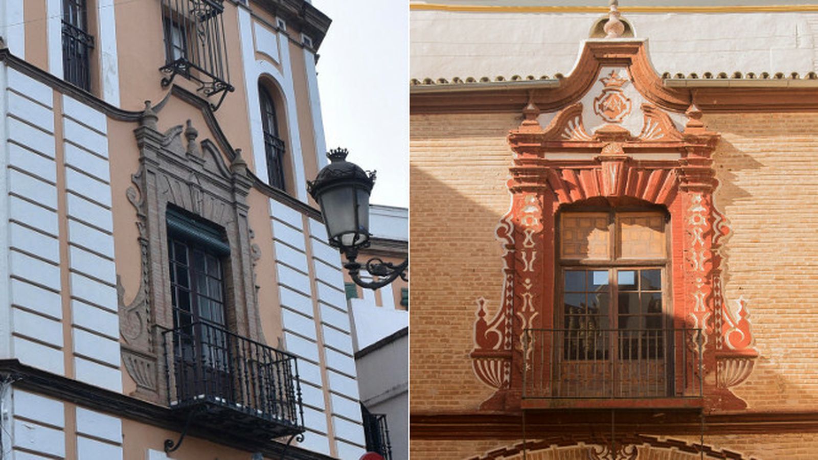 Calle Mateos Gago. Detalle del balcón principal de la casa número 2 (1916), en el que puede apreciarse su similitud con el balcón del apeadero del Palacio de Benamejí (mediados del siglo XVIII), de Écija, en la foto de la derecha.