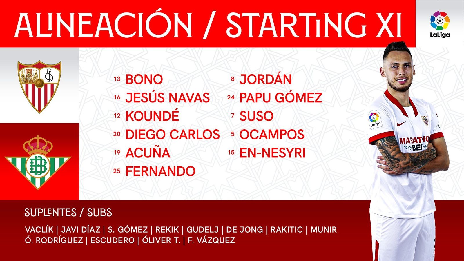 Carátula con el once del Sevilla para recibir al Betis.