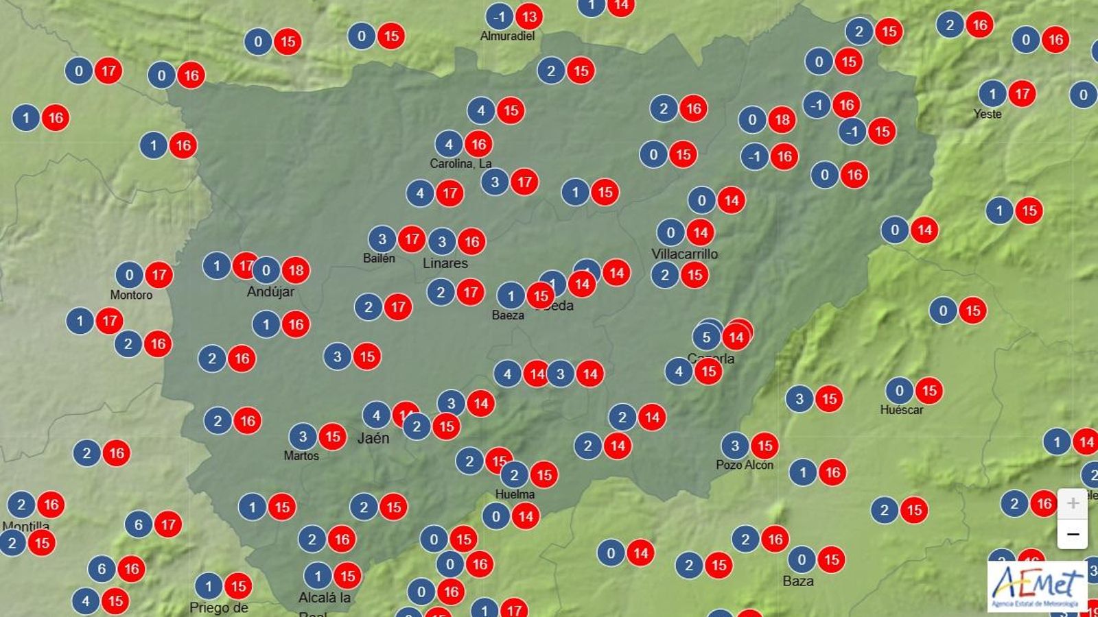 Temperaturas previstas para la jornada del domingo en la provincia de Jaén.