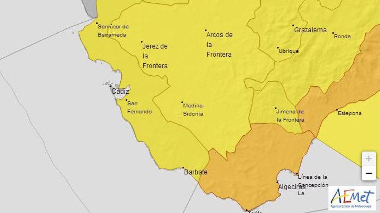 La alerta amarilla cubre prácticamente toda la provincia de Cádiz