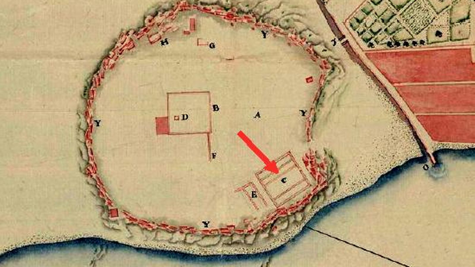 Probable ubicación de la mezquita de la ciudad edificada por el emir Abu Yusuf al sur del río de la Miel entre los años 1279 y 1285
