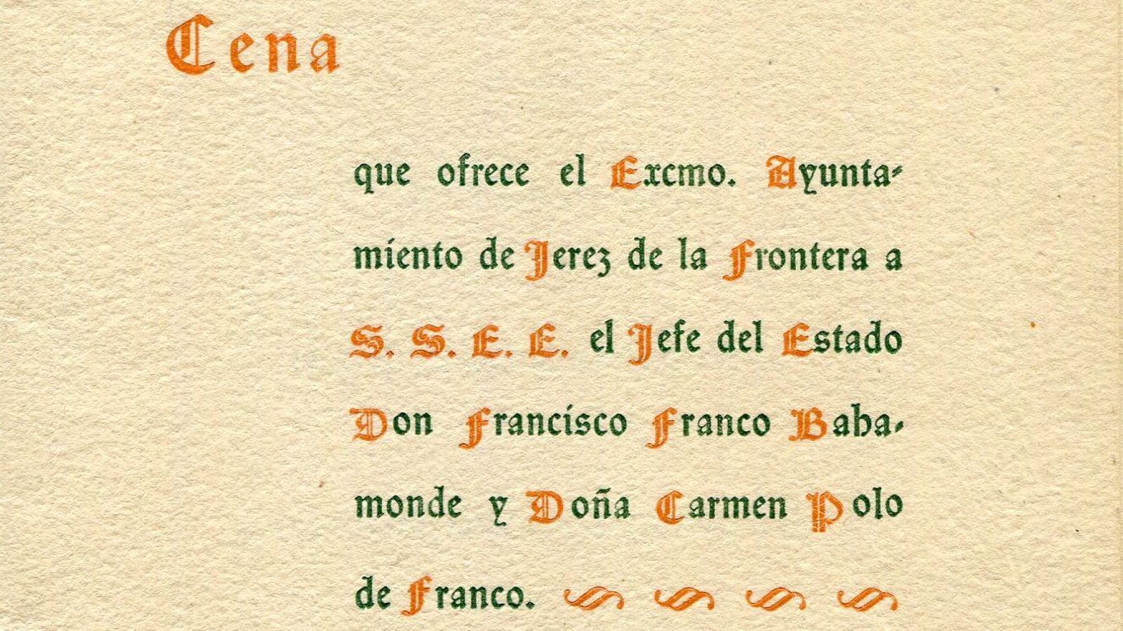 Menú de la cena ofrecida a Franco por el Ayuntamiento, 1950.