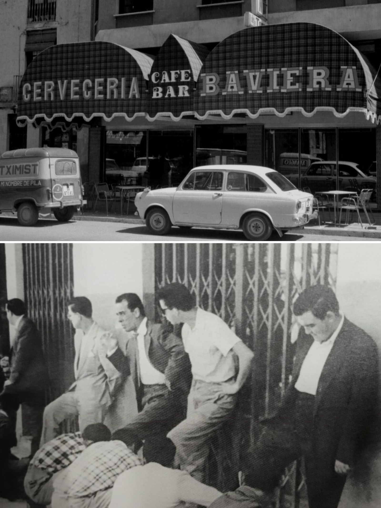 Limpiabotas (betuneros) trabajando delante de Almacenes Antón, años 50. En la imagen, el Café-Bar Baviera, en Virgen de la Capilla, uno de los lugares donde solía ubicarse "Prematuro".