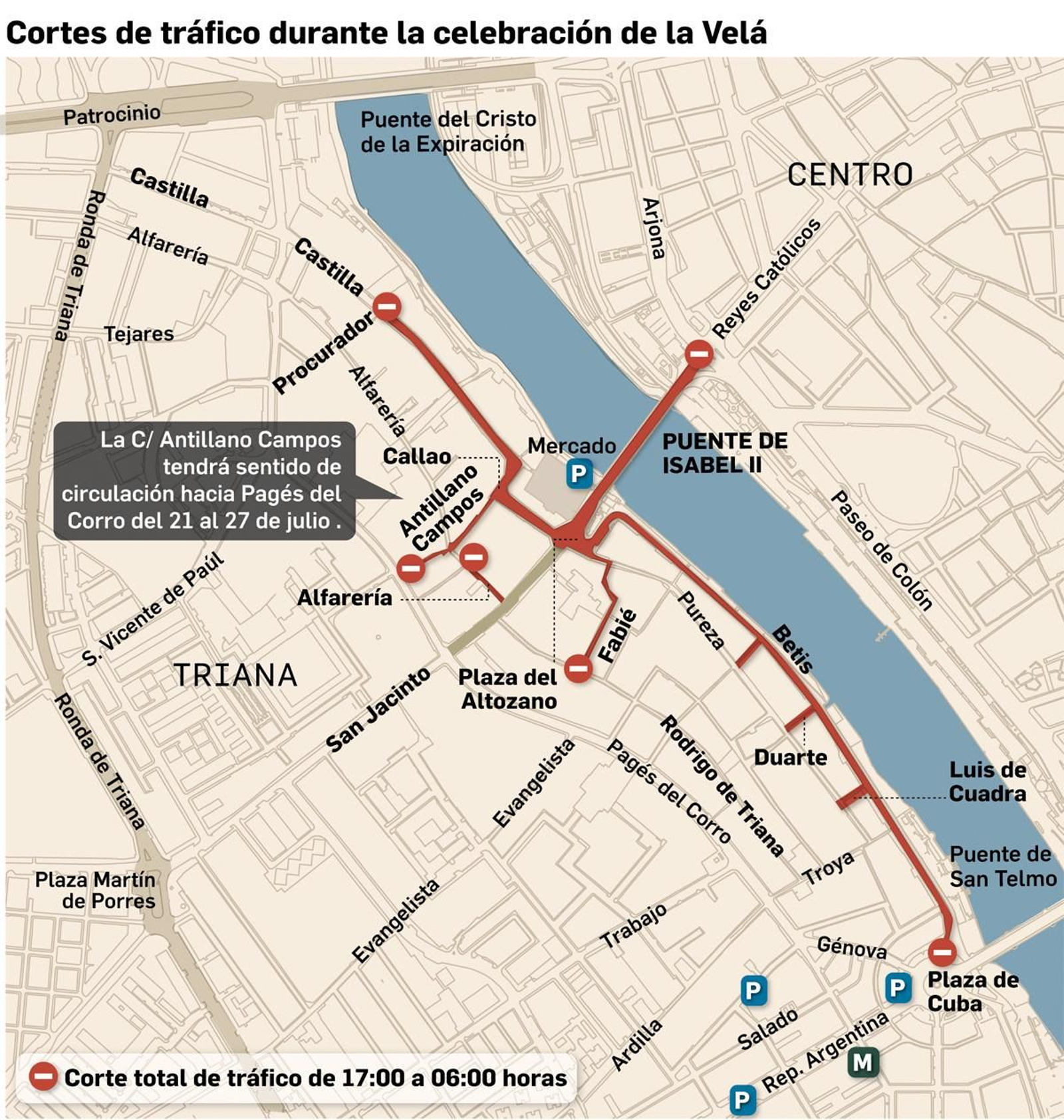 Cortes de tráfico durante la celebración de la Velá. Fuente: Ayuntamiento de Sevilla.