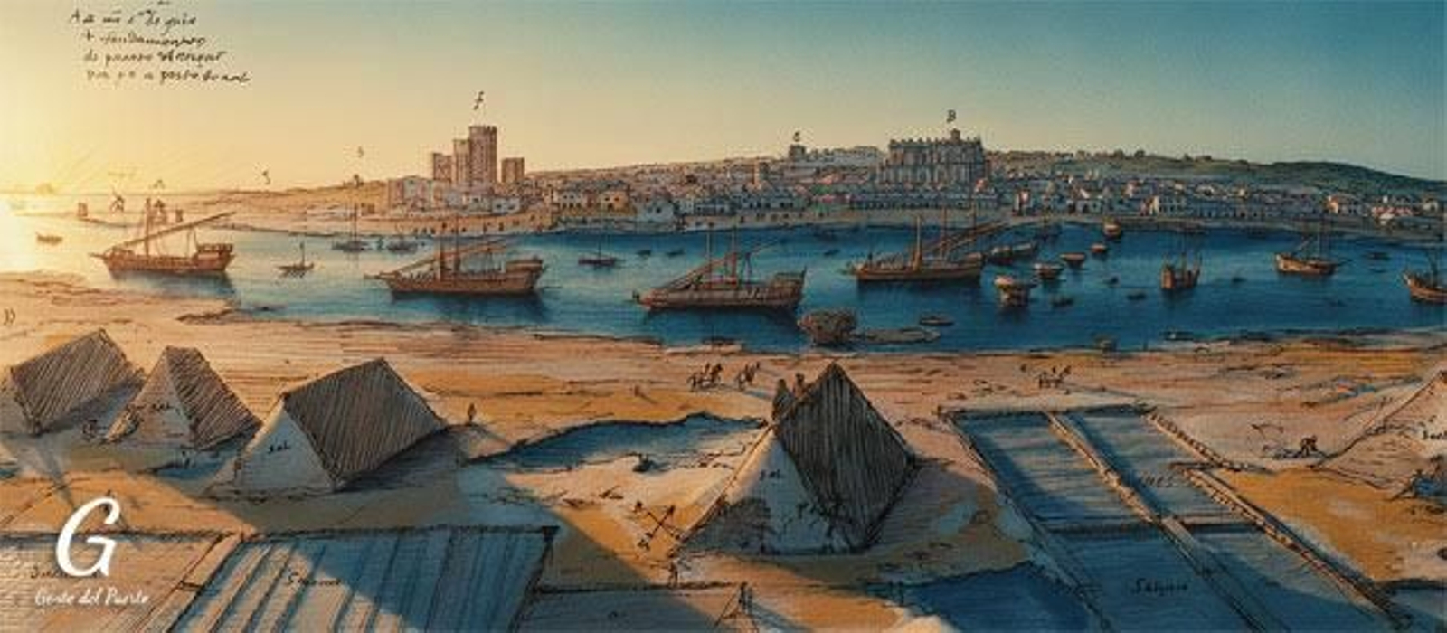 Recreación de El Puerto de 1567 coloreado por la IA donde se ven las galeras en el Guadalete