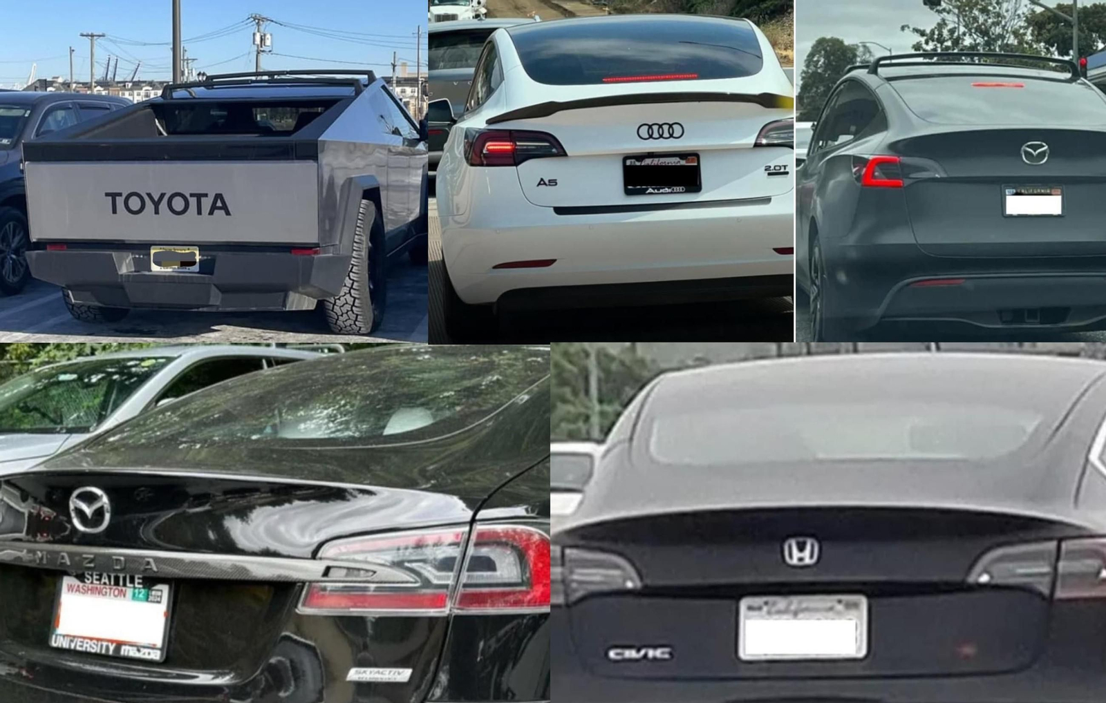 Montaje con los coches Tesla llevando el logo cambiado