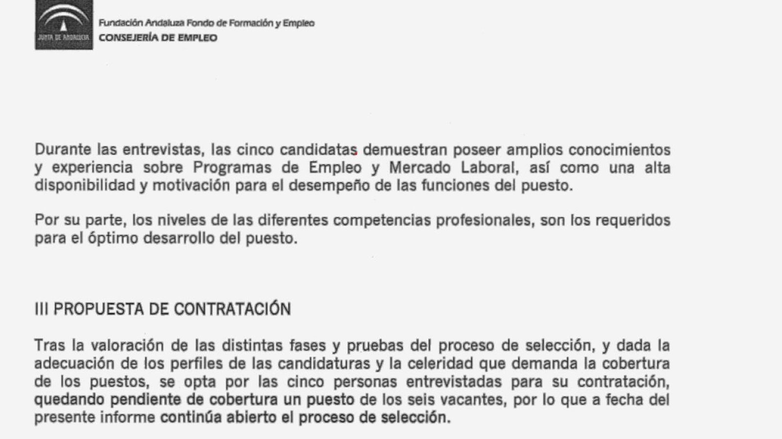 El informe sobre la sección de cinco candidatos, entre ellos la mujer de Espadas.