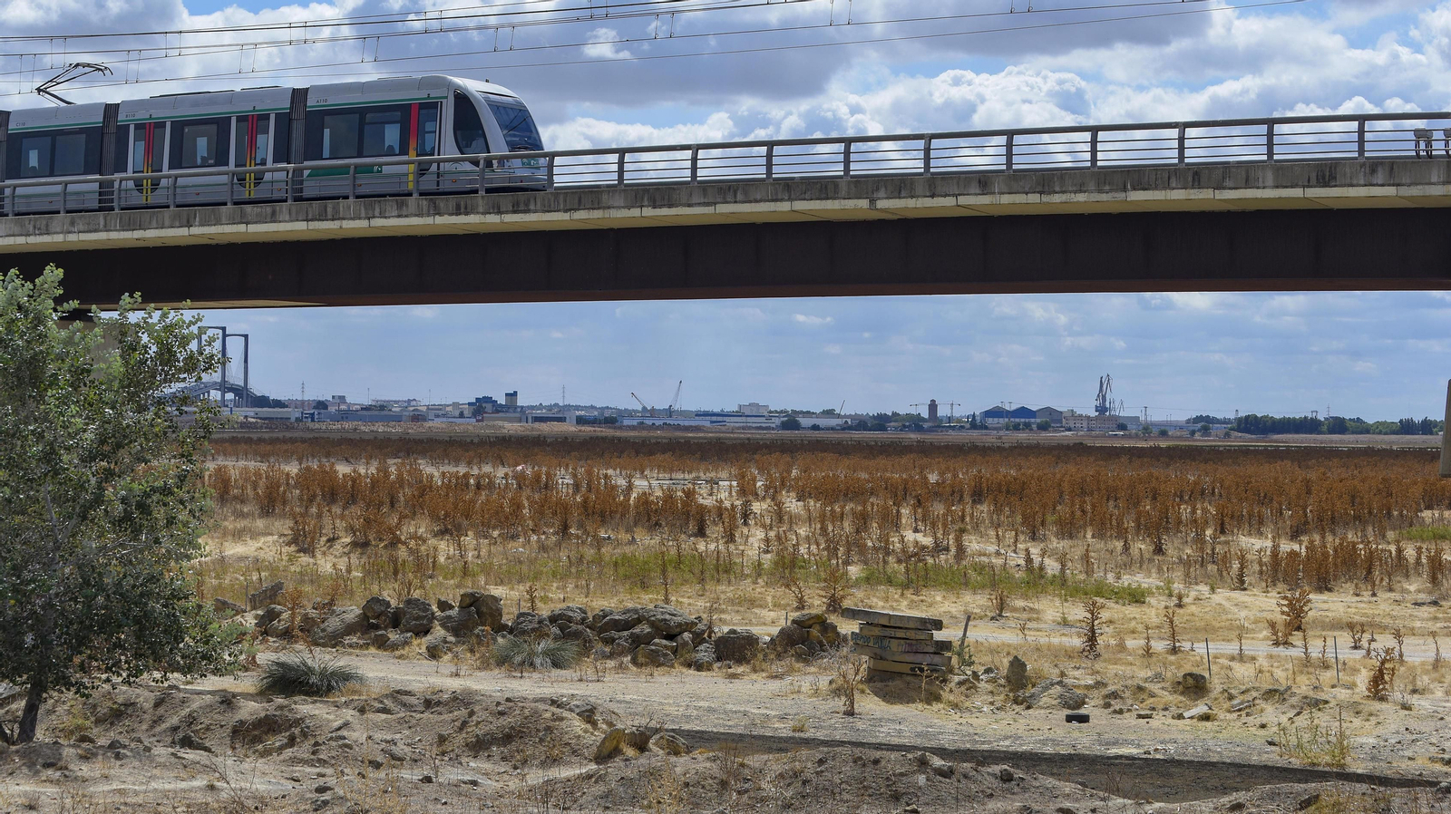 El Metro cruza por encima de los suelos de Tablada en dirección a San Juan del Aznalfarache.
