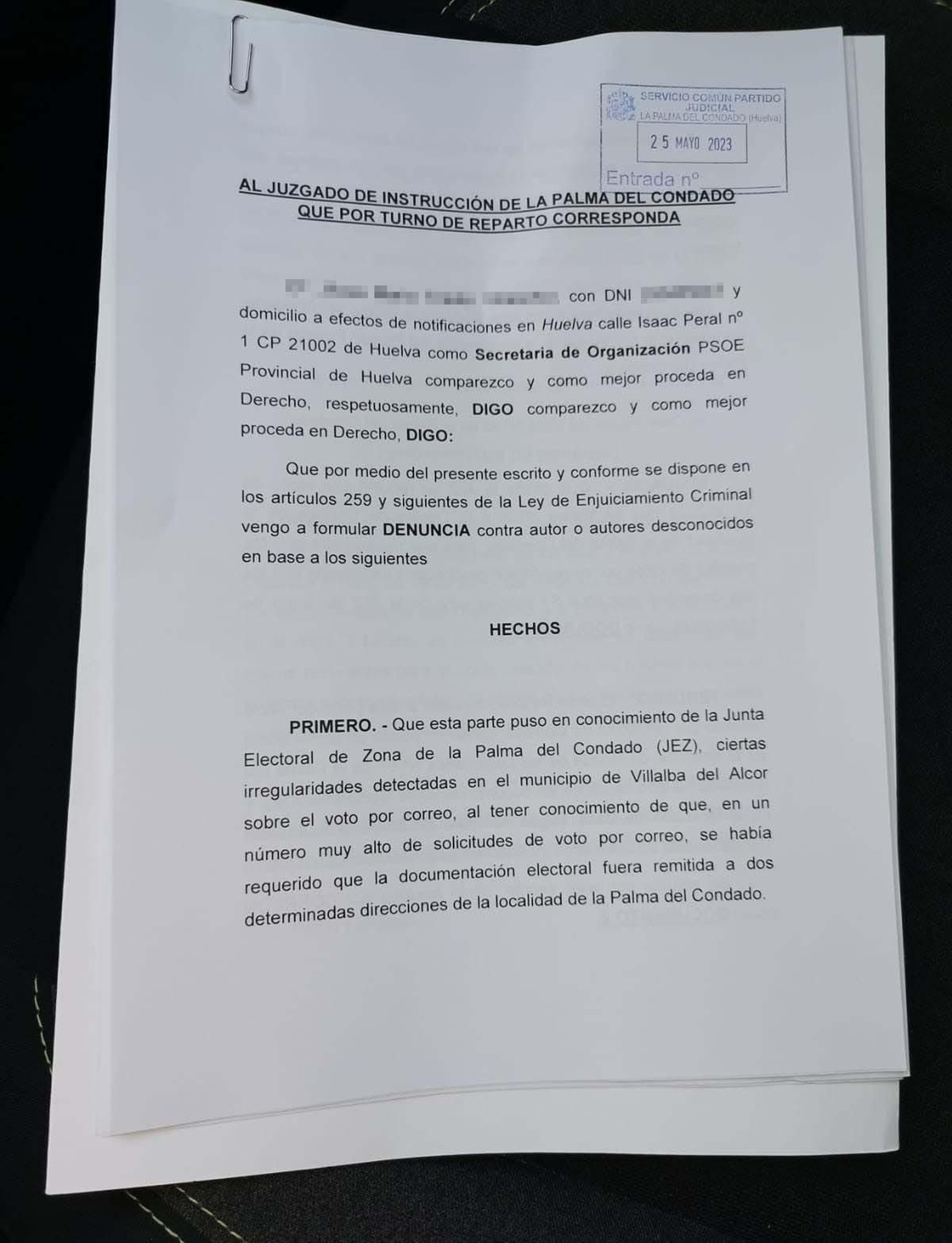 Denuncia presentada en el Juzgado de La Palma del Condado.