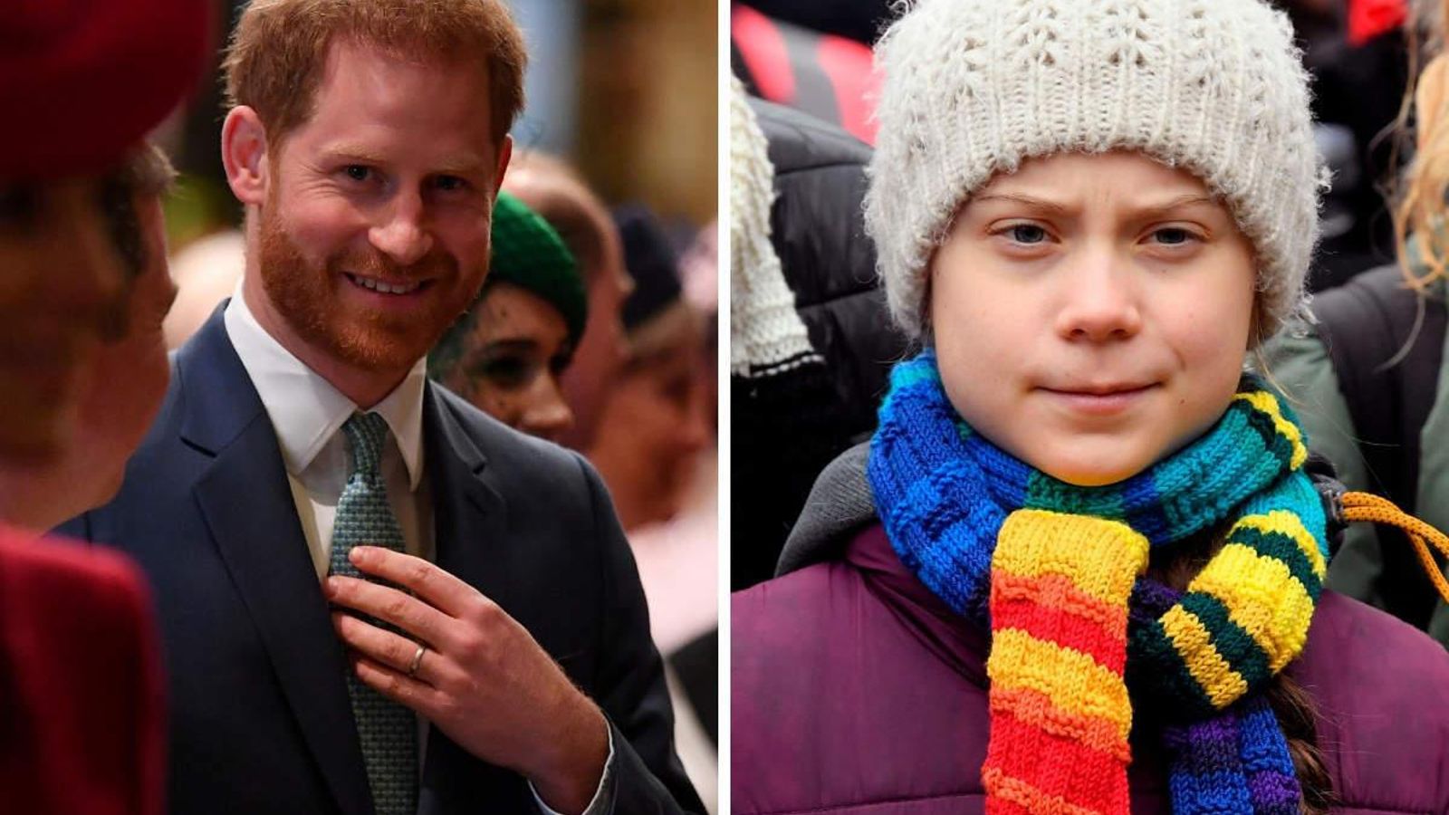 Enrique de Inglaterra junto a una imagen de la activista Greta Thunberg (dcha.)