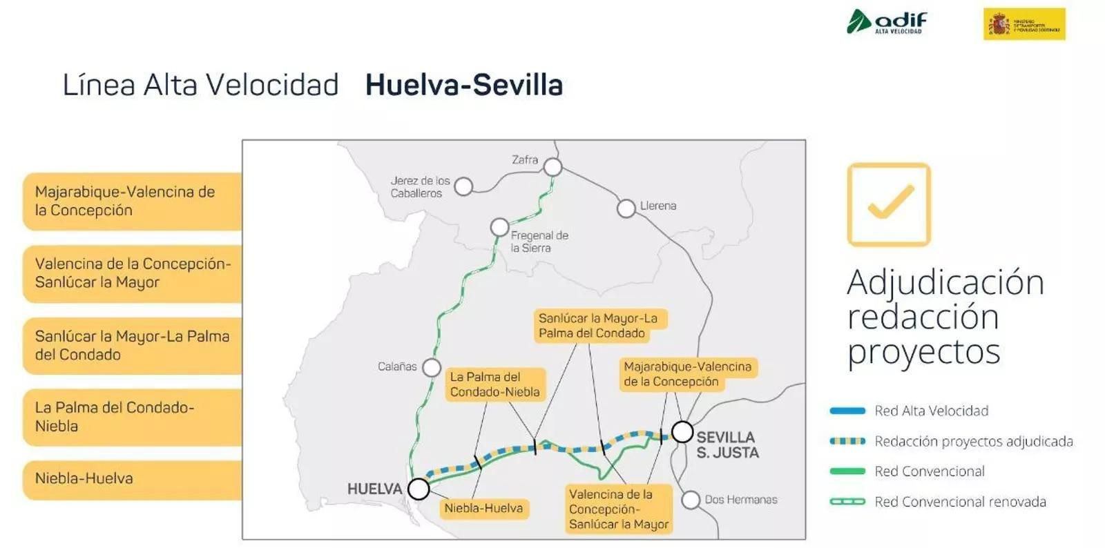 Los cinco tramos en los que se dividirá el AVE Huelva-Sevilla