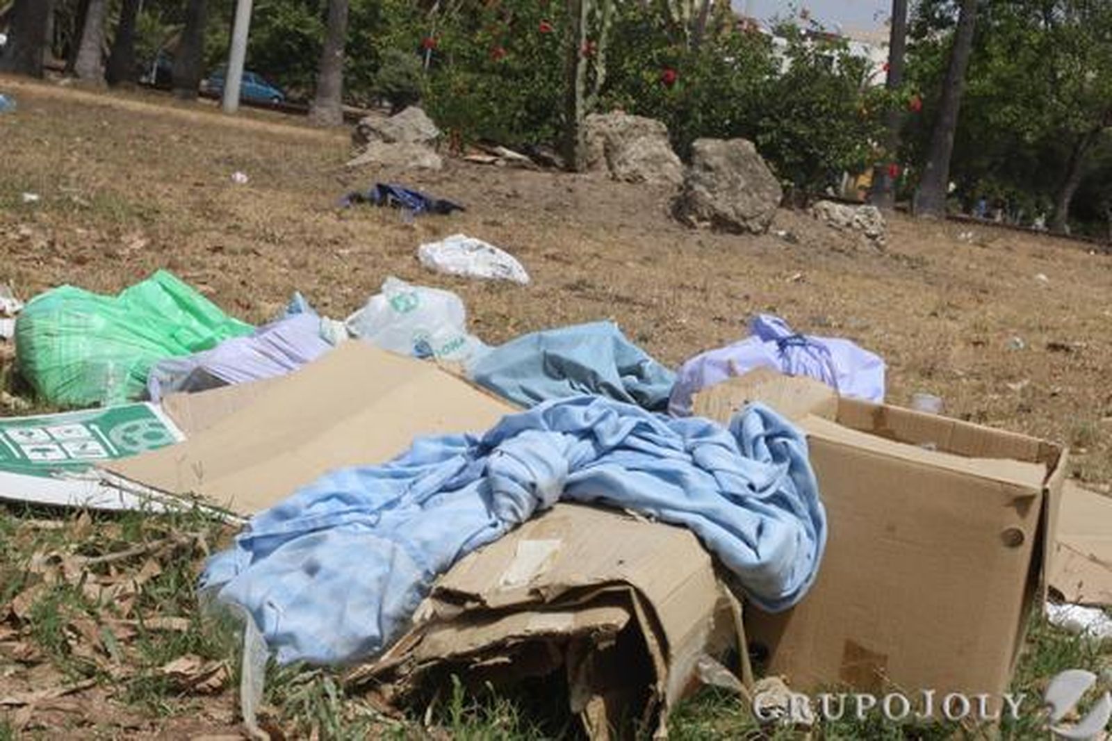 Imagen de cartones, mantas, y bolsas repletas de basura esparcidas por el recinto del parque

Foto: Paco Guerrero