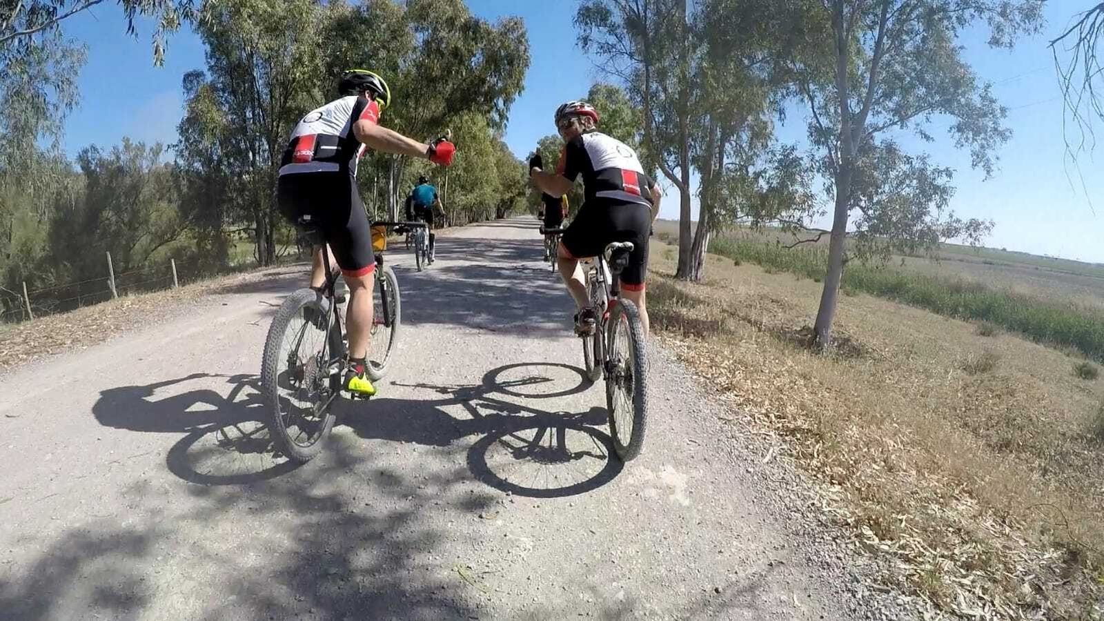 Participantes en el tour circulan por la carretera del práctico entre Sanlúcar y Sevilla.