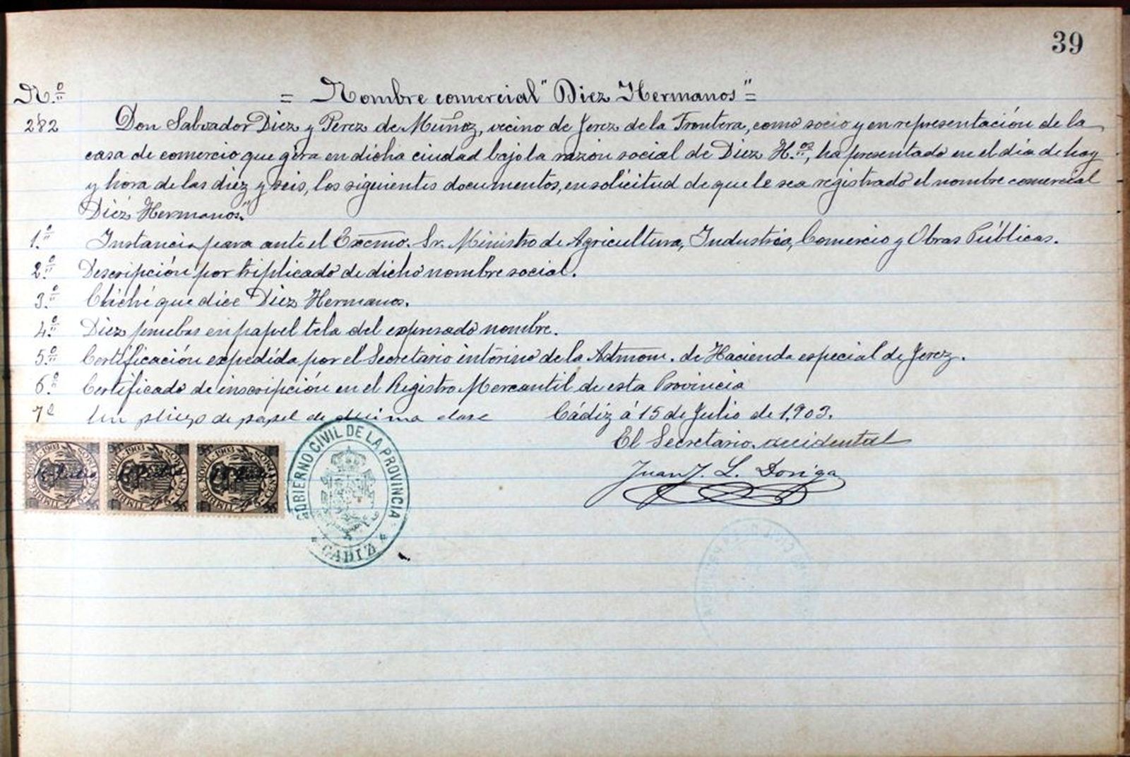 Solicitud de nombre comercial de Díez Hermanos.