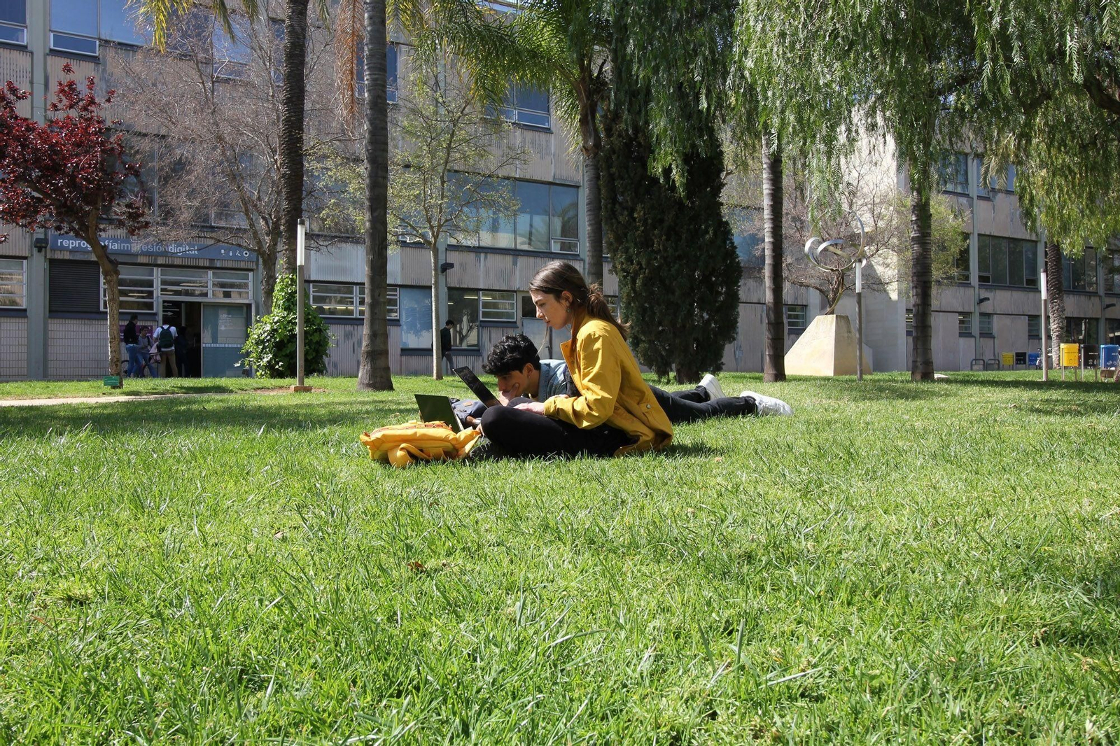 Dos jóvenes en el cesped de un campus valenciano.
