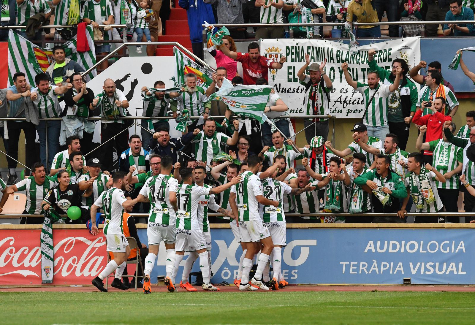 Los jugadores del Córdoba celebran con su afición el gol de Álex Quintanilla al Reus.