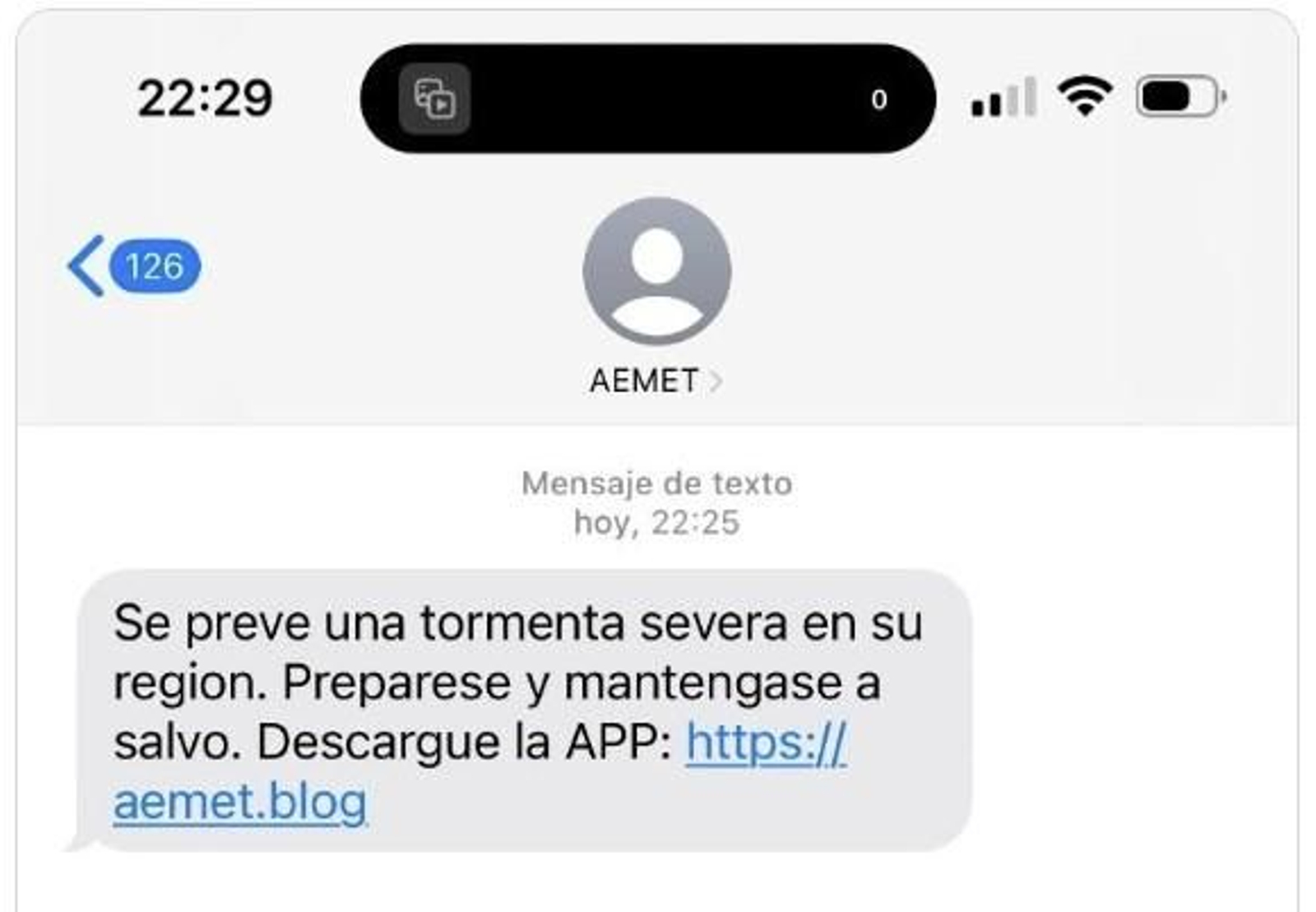 Una captura del mensaje con el enlace fraudulento.