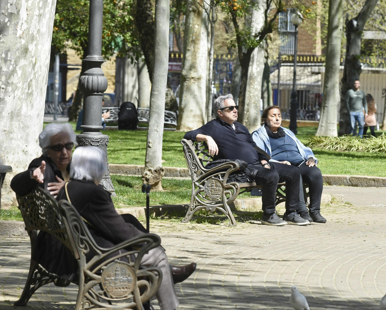 Varias personas descansan al sol en los Jardines de Colón.