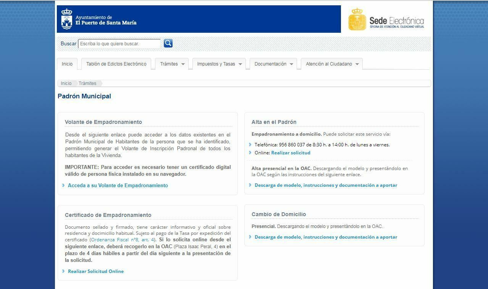 Captura de pantalla de la web 'ww.sede.elpuertodesantamaria.es/padron', desde donde se puede realizar el trámite.