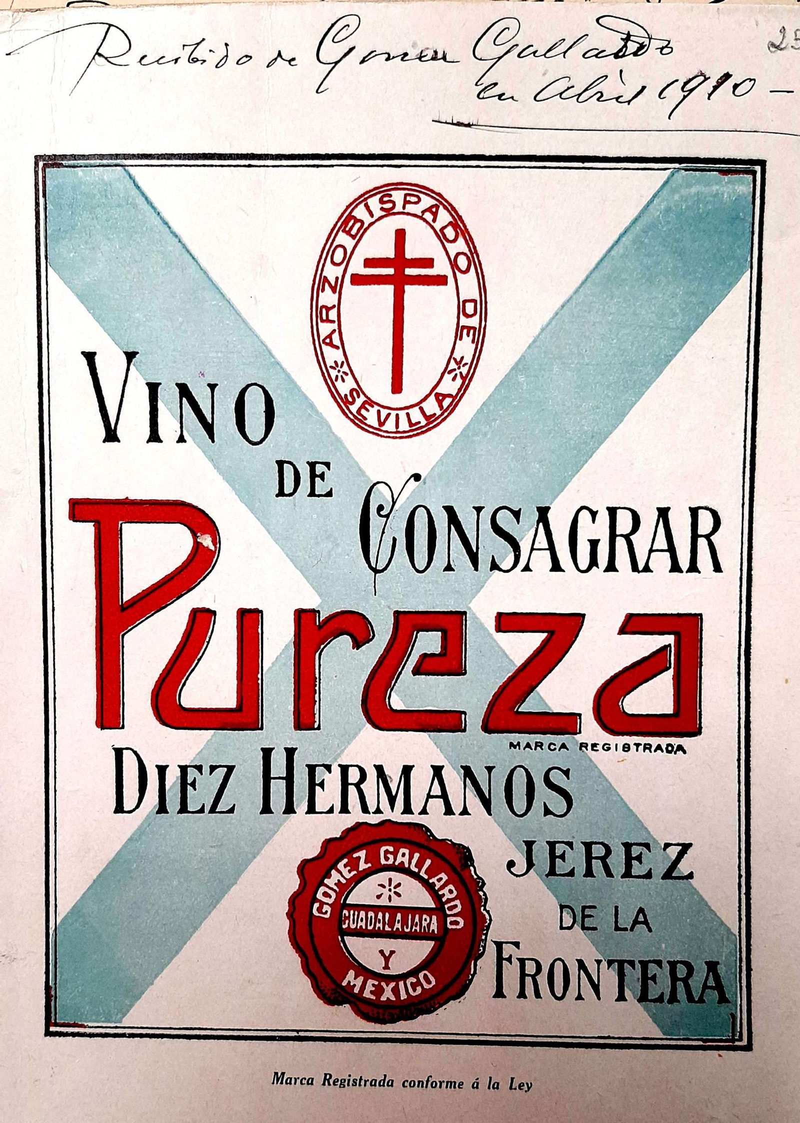 Vino de consagrar Pureza, de Díez Hnos., 1910. Vino de consagrar Pureza, de Díez Hnos., 1910.