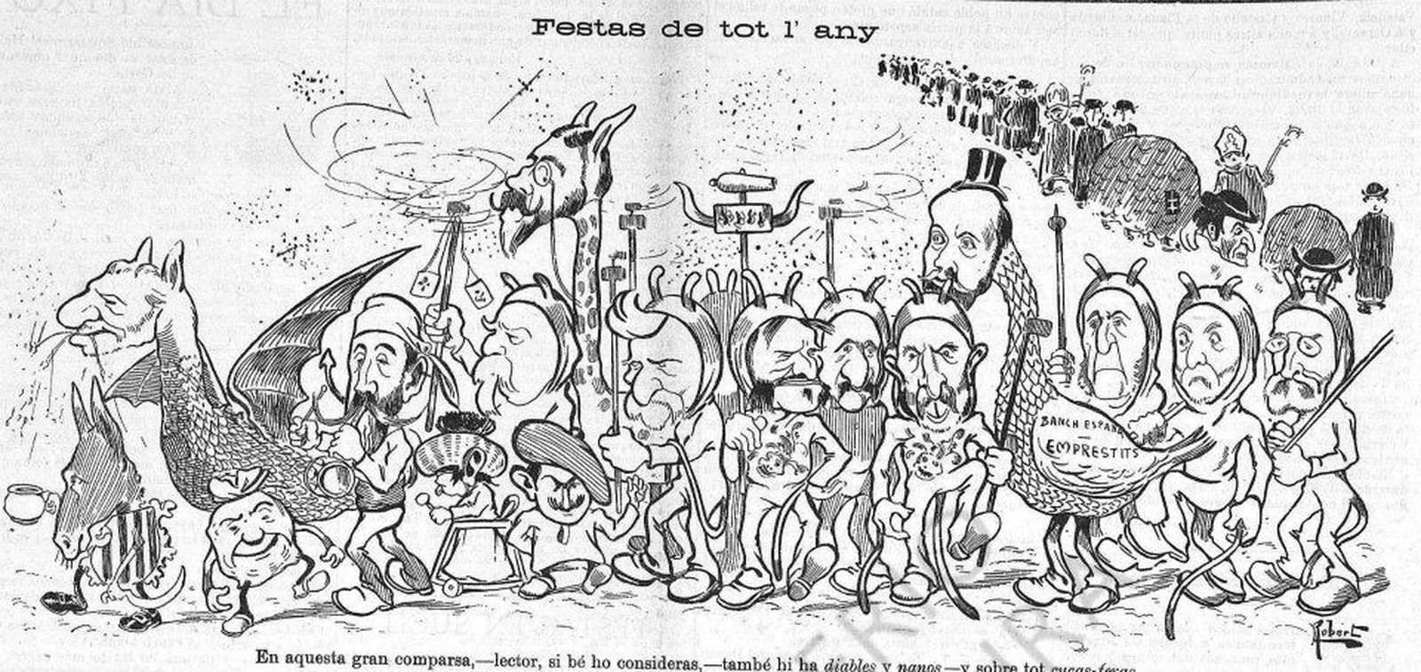 Con cuerpo de jirafa caricaturizado en una revista catalana, Josep Robert, 1902.