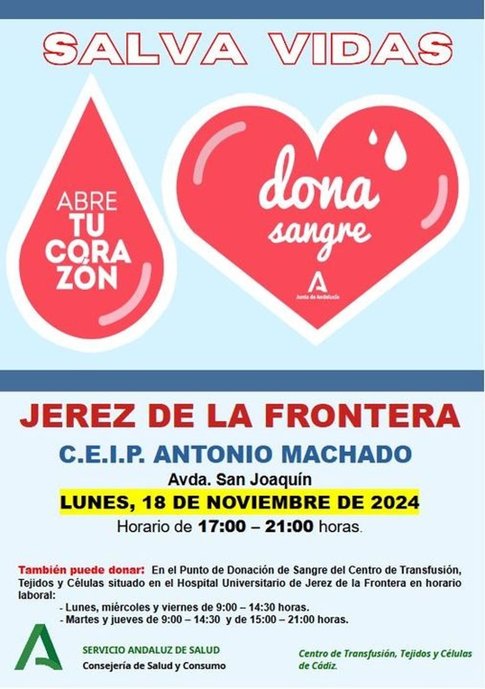 Cartel de la colecta de sangre en el CEIP Antonio Machado