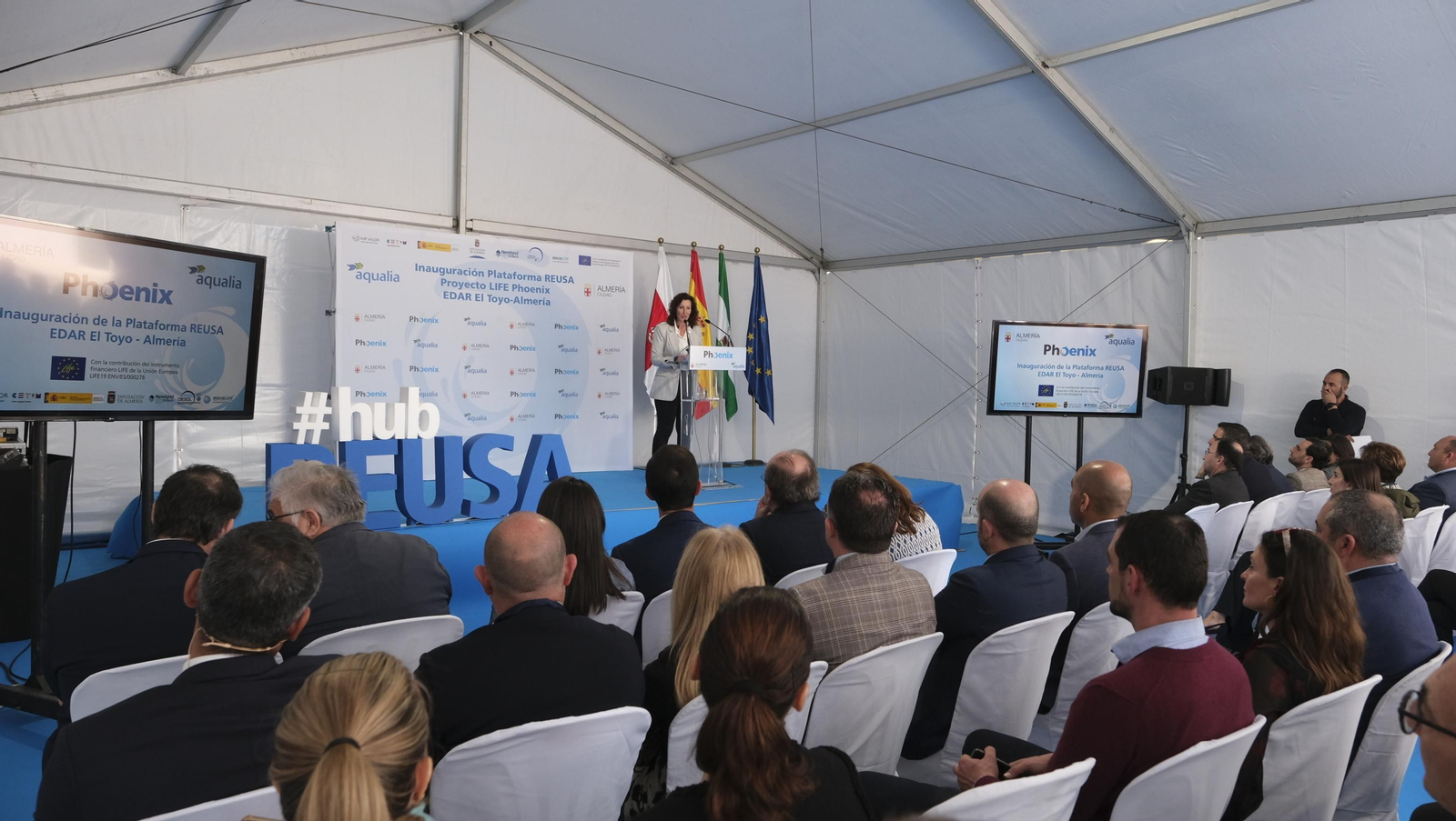 Imágenes de la inauguración del proyecto 'Life Phoenix' de AQUALIA, en la depuradora EDAR El Toyo