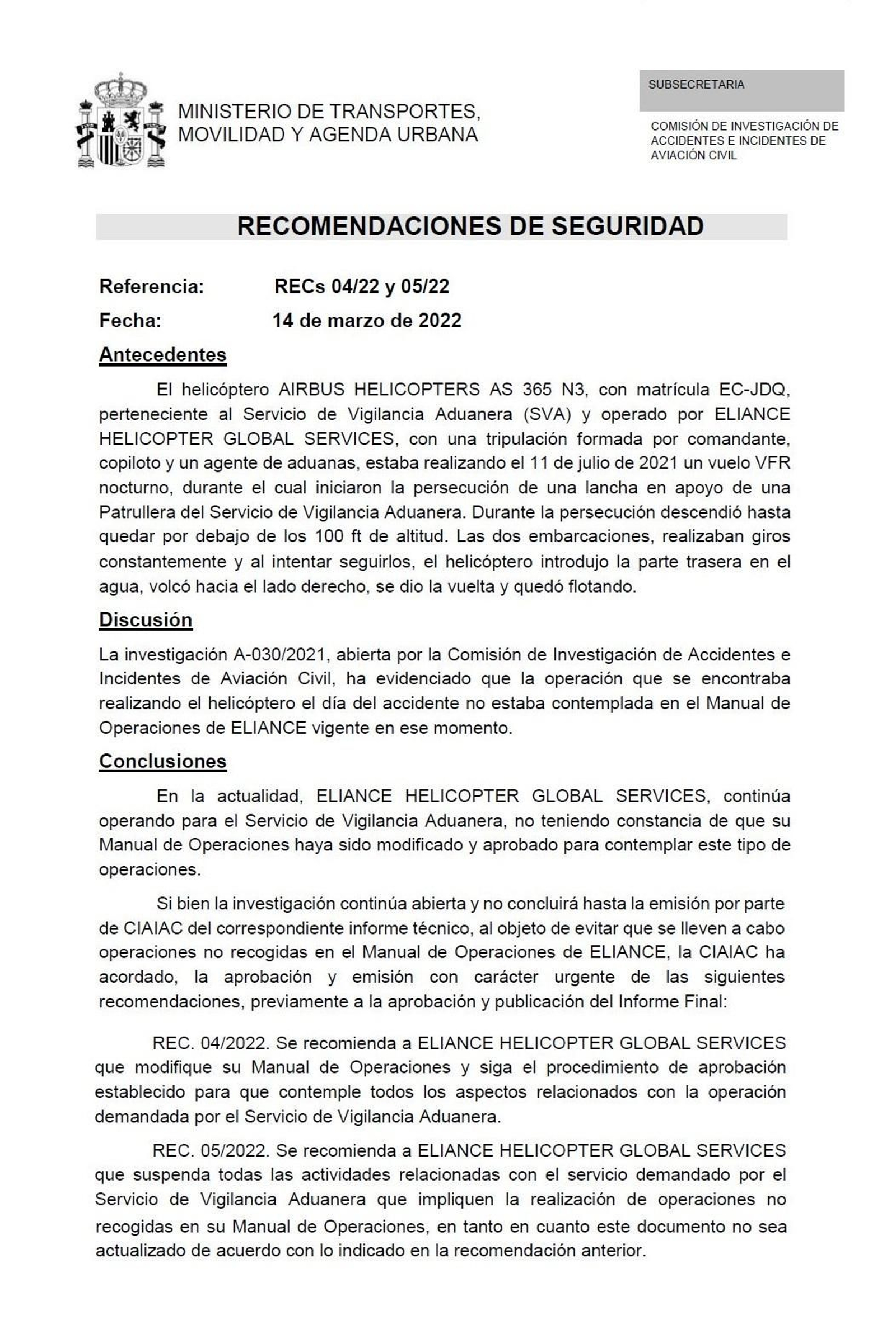 Reproducción del documento de la CIAIAC.