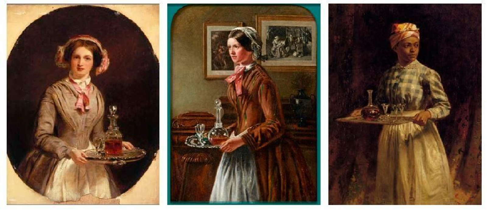 De izquierda a derecha, la original de William Powell Frith, 1851; la versión de Rebecca Salomón, c. 1853; y la Sherry Girl americana de John Waterman Wood, 1890. De izquierda a derecha, la original de William Powell Frith, 1851; la versión de Rebecca Salomón, c. 1853; y la Sherry Girl americana de John Waterman Wood, 1890.
