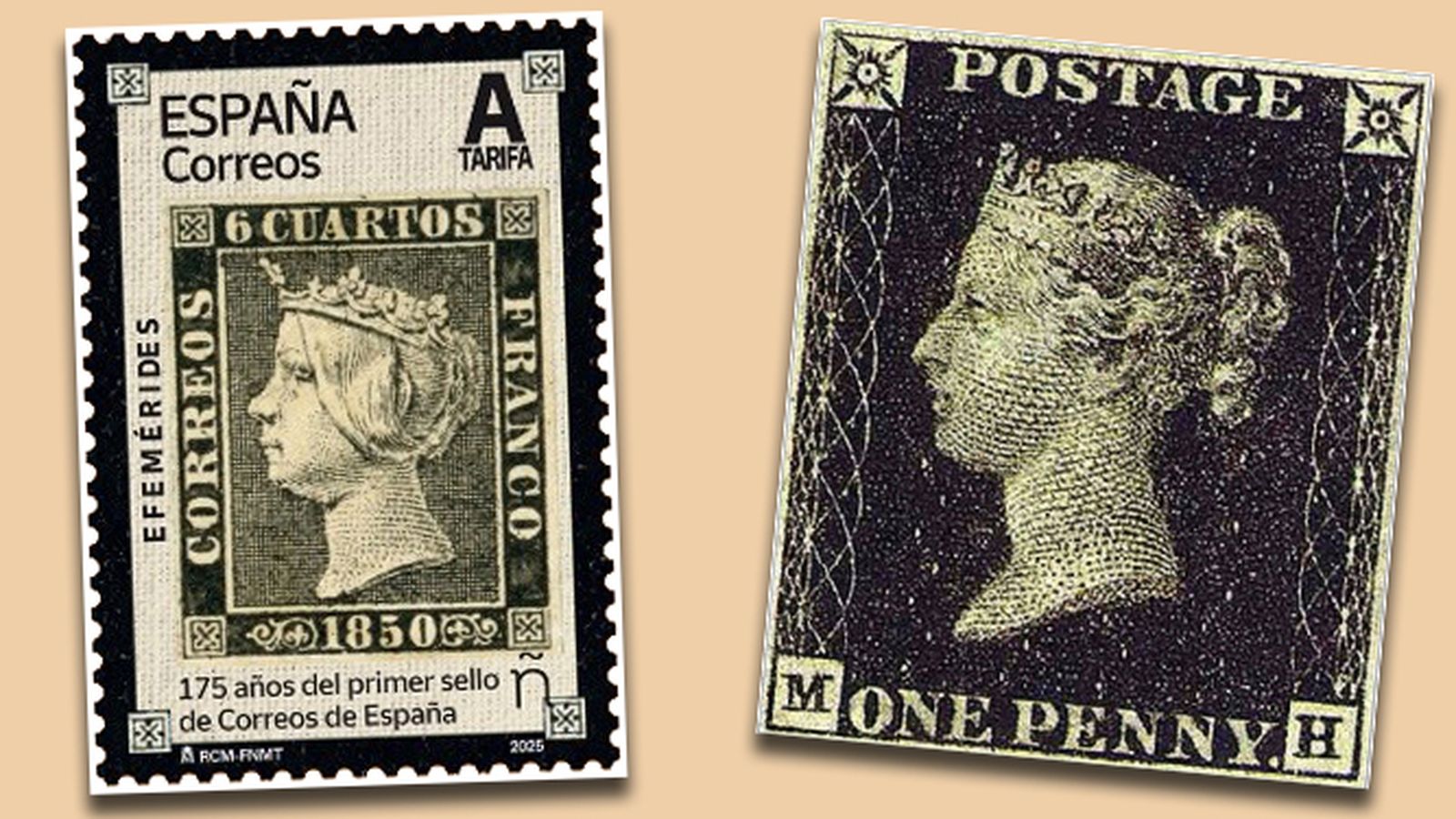 Sello emitido el 7 de enero de 2025 para conmemorar el 175º aniversario del primer sello de Correos de España con la imagen de la reina Isabel II, junto al primer sello del mundo, el Penny Black, de la reina Victoria