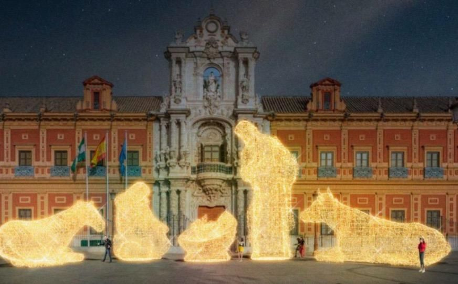 Recreación de las figuras del gran Belén que instalará el Ayuntamiento en la Avenida de Roma, con el Palacio de San Telmo de fondo.