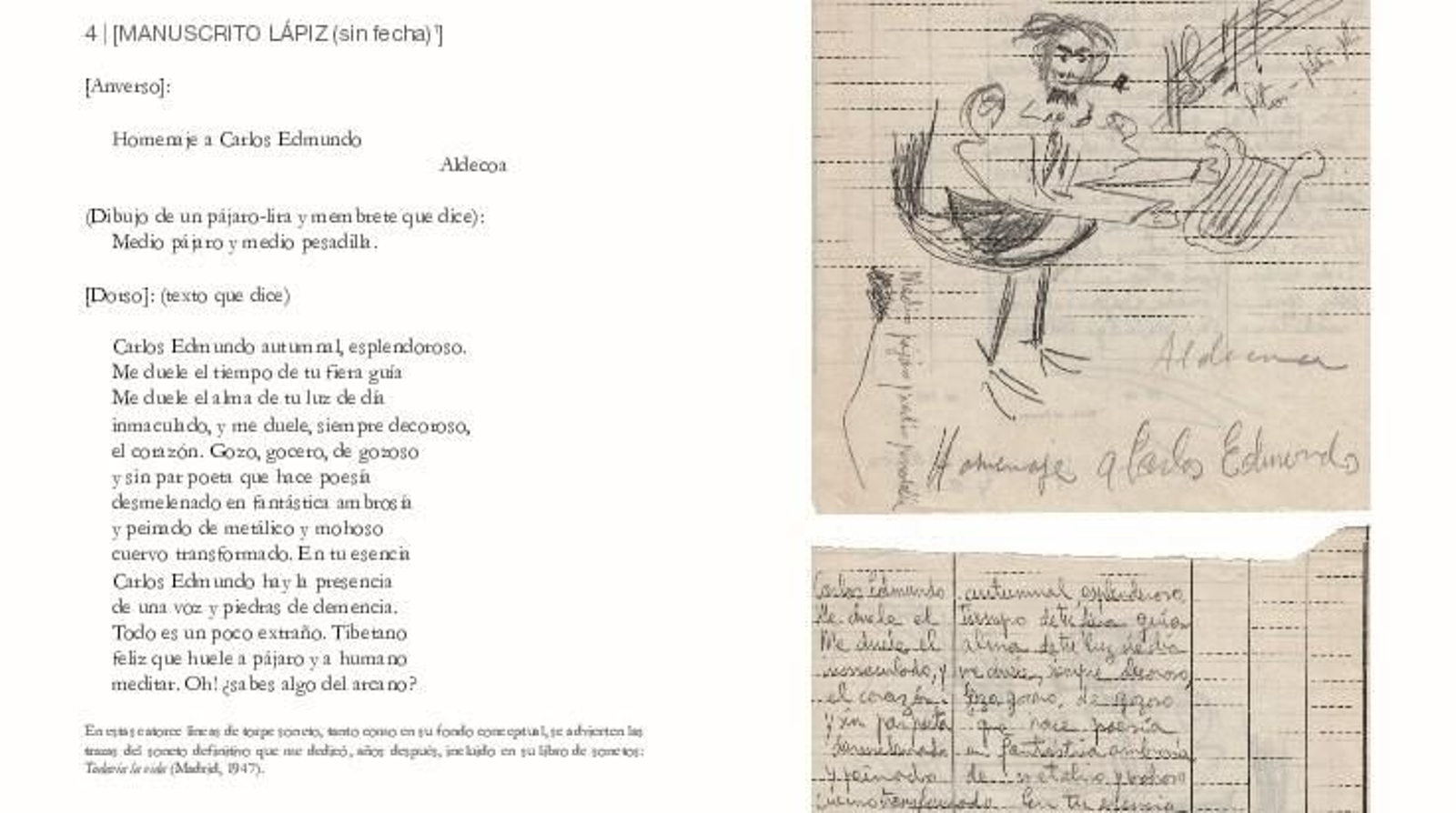 Detalle del manuscrito de los fondos de la Fundación Ory con el poema que dedicó a Carlos Edmundo con un dibujo.