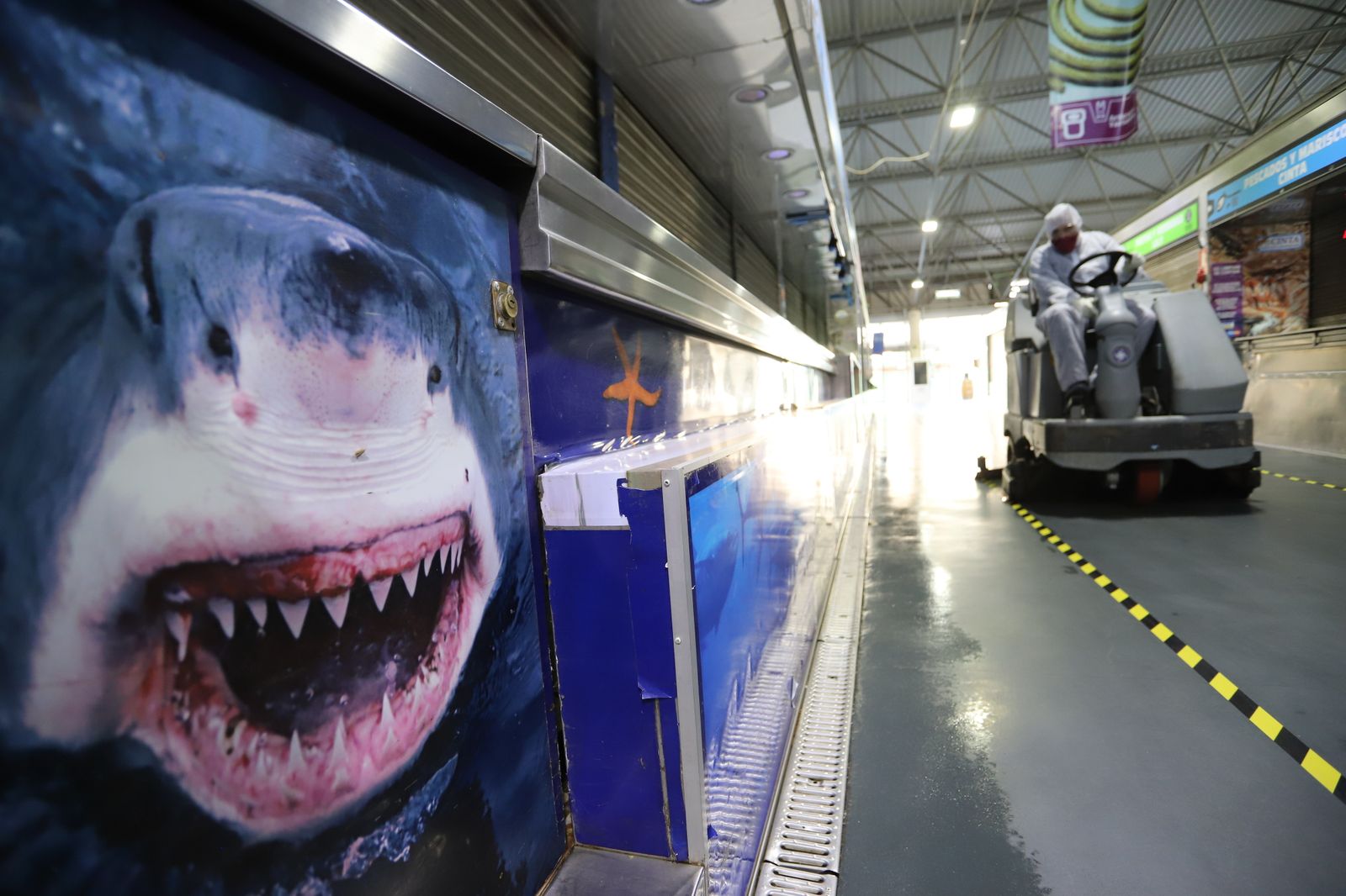 Imágenes de los trabajos de limpieza y desinfección del Mercado del Carmen en Huelva