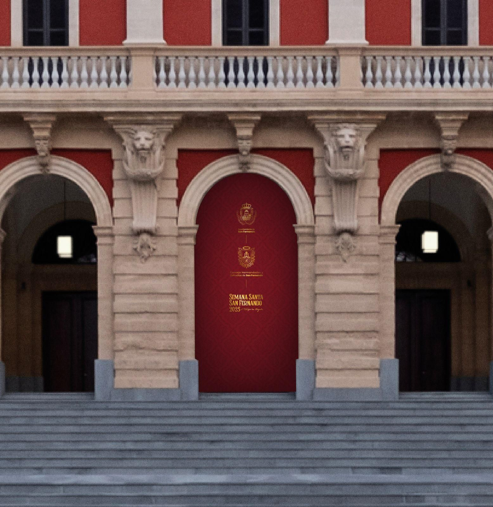 Recreación digital de la decoración de los arcos del atrio del Ayuntamiento de San Fernando para Semana Santa