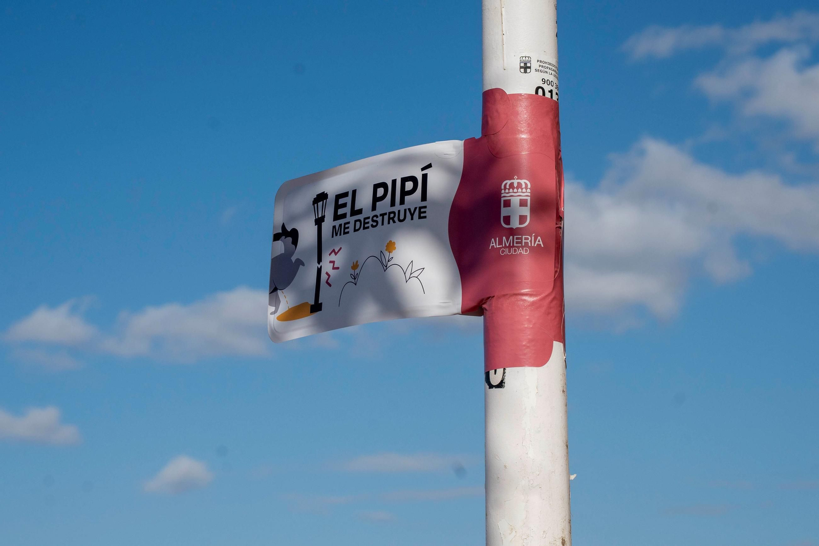 Una de las banderolas instaladas en las farolas del Paseo Marítimo Carmen de Burgos, en El Zapillo.