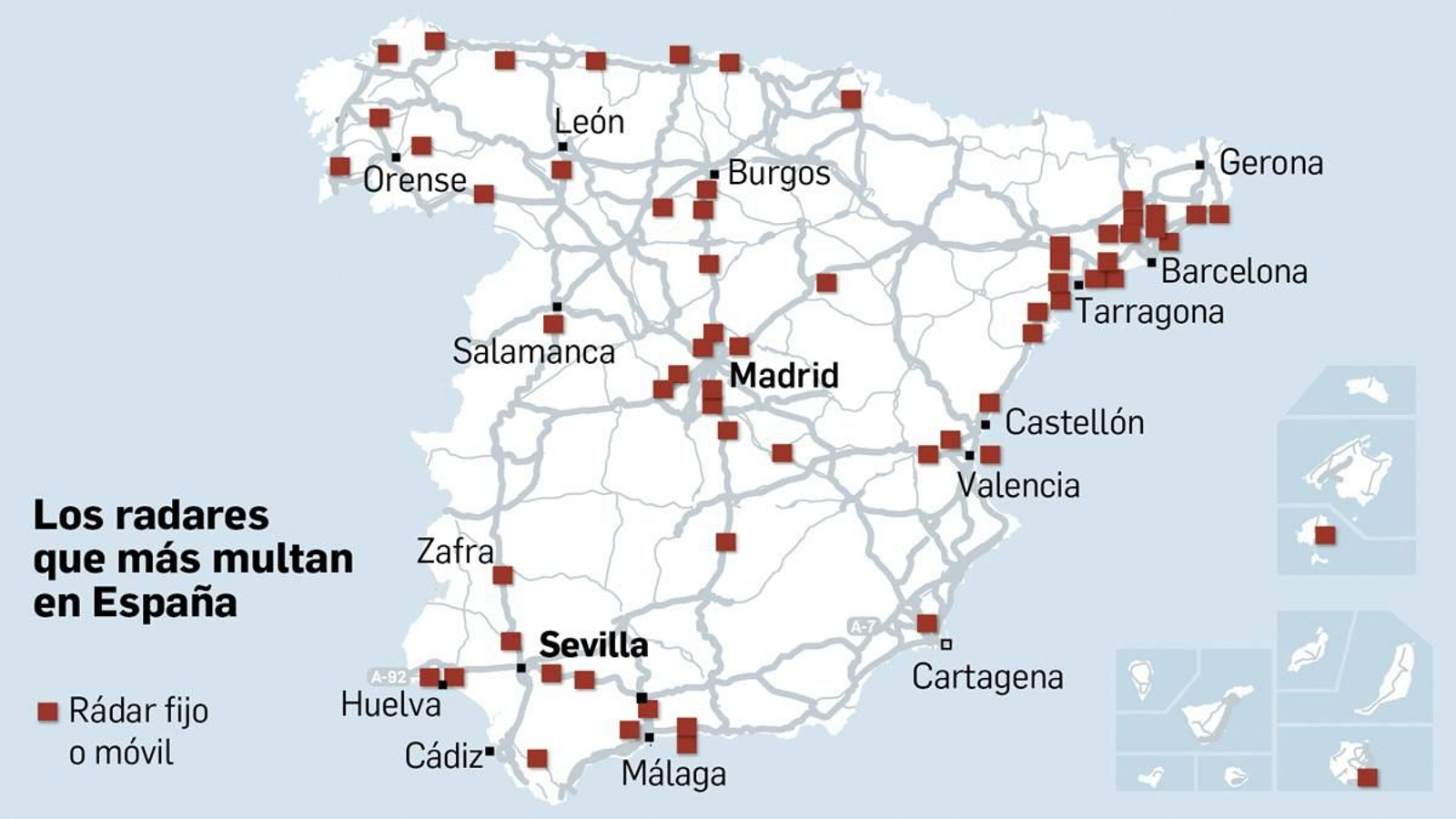 Ubicación de los radares que más multaron en España durante el año 2021. Fuente: AEA.