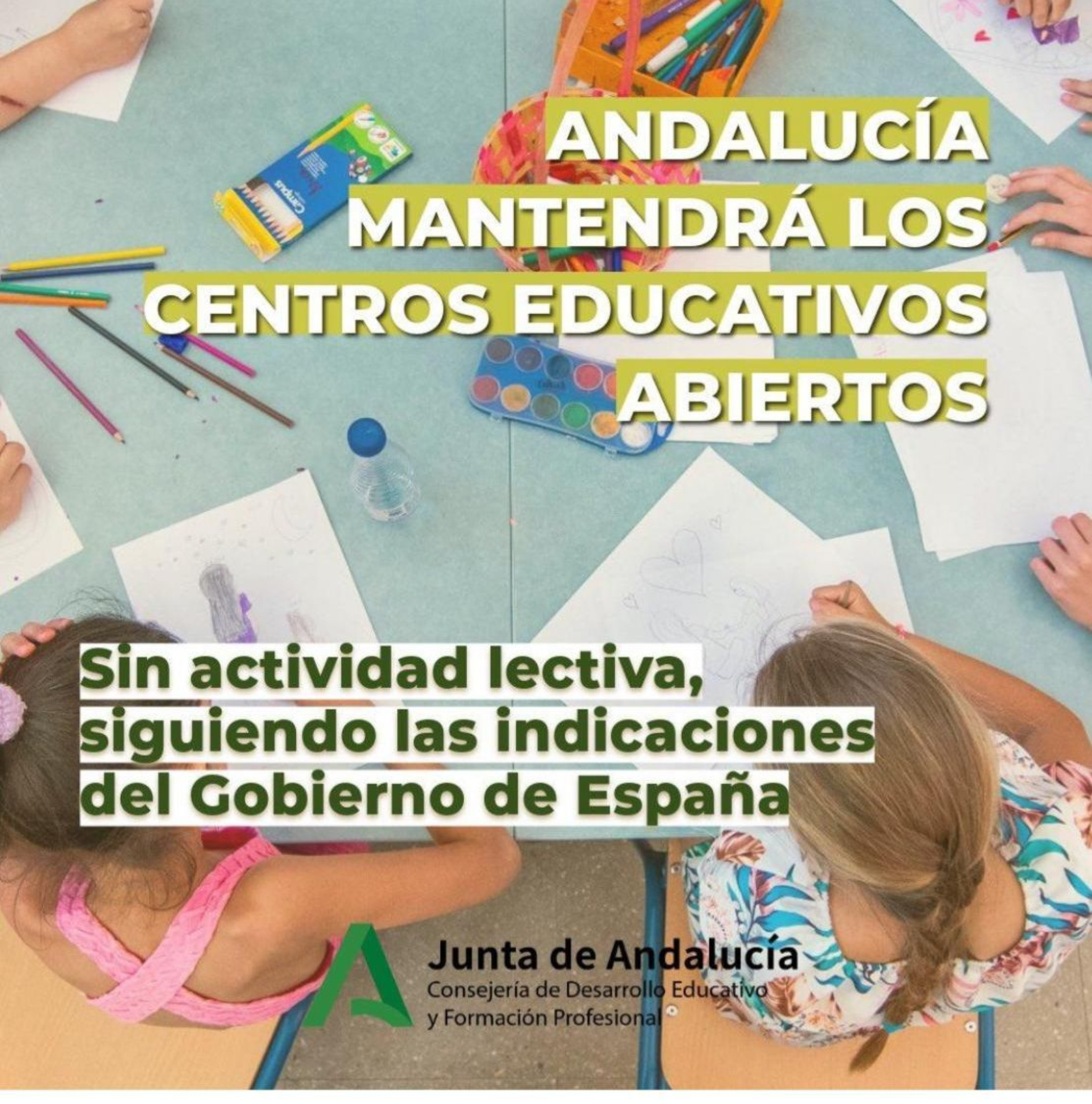 El mensaje enviado por la Junta sobre la situación de colegios e institutos este martes.