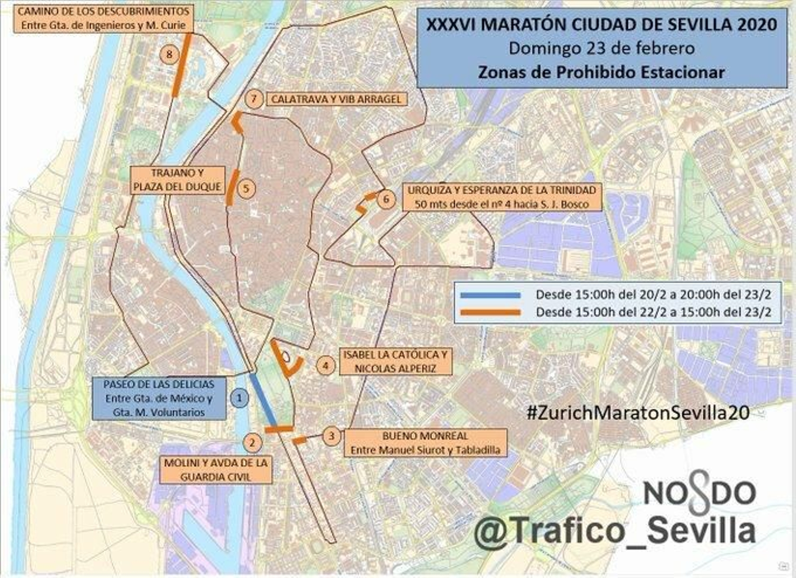 Zonas donde se prohíbe aparcar por el Maratón de Sevilla 2020.