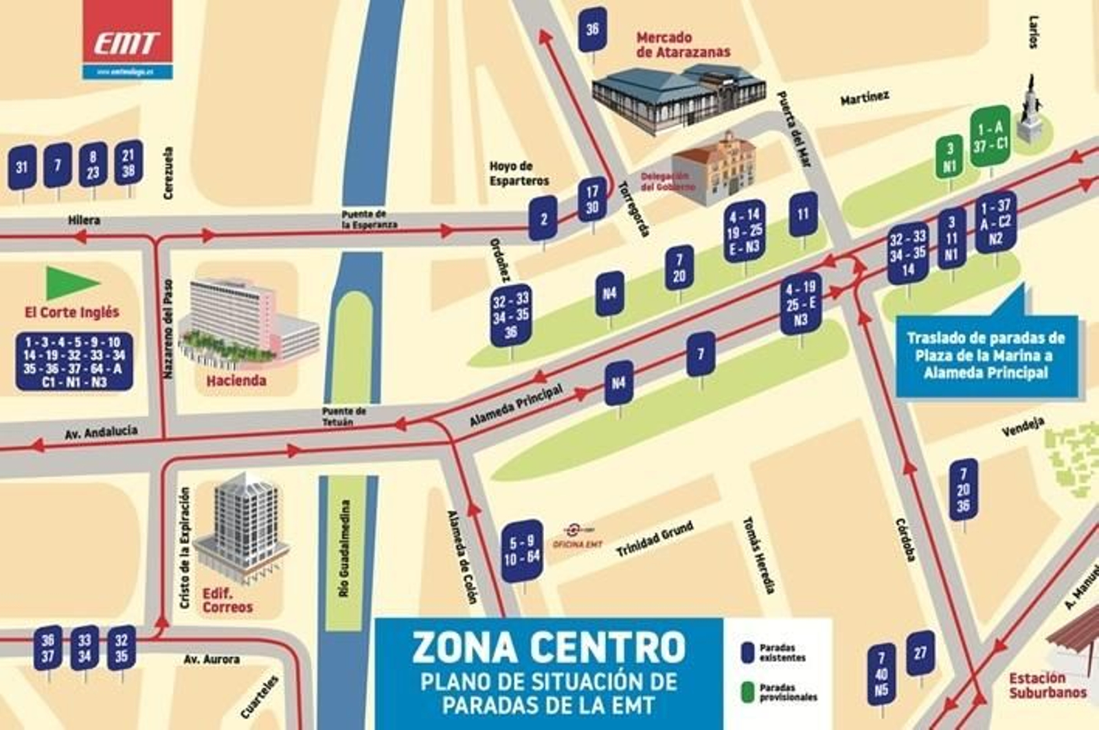 Plano de las paradas de la Alameda Principal