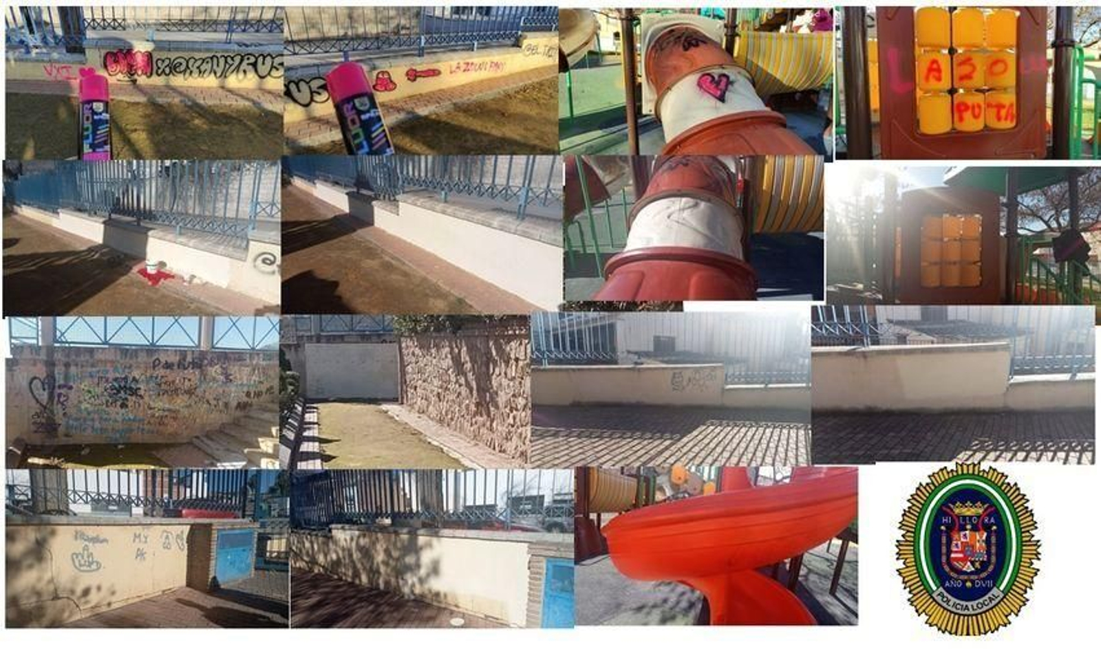 Imagen de las pintadas y de cómo quedó el parque tras la limpieza.