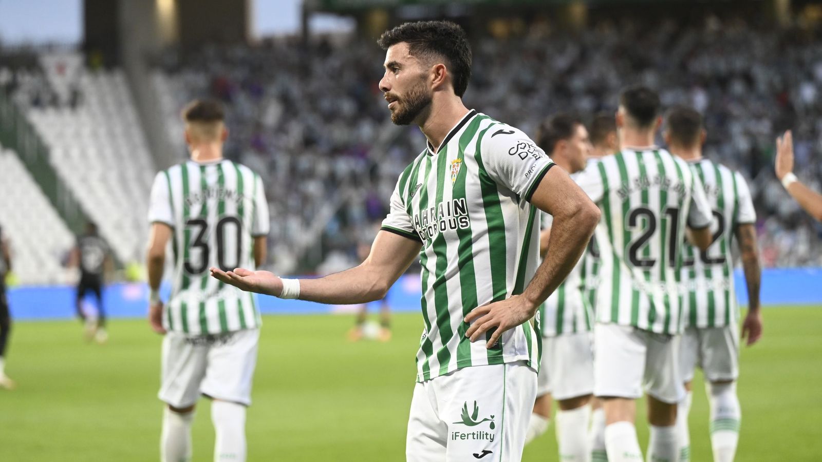Jacobo celebra un gol con el Córdoba CF en El Arcángel en la presente temporada.