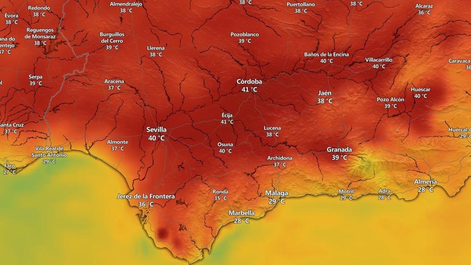 Mapa de temperaturas del sur de la Península Ibérica este 15 de julio. Mapa de temperaturas del sur de la Península Ibérica este 15 de julio.