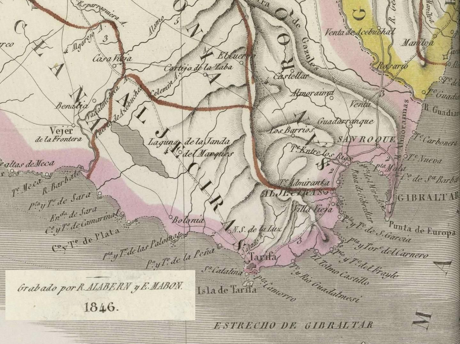 Detalle del plano del término municipal de Algeciras en el Campo de Gibraltar en 1846, según un grabado de R. Alabern y E. Mabon.