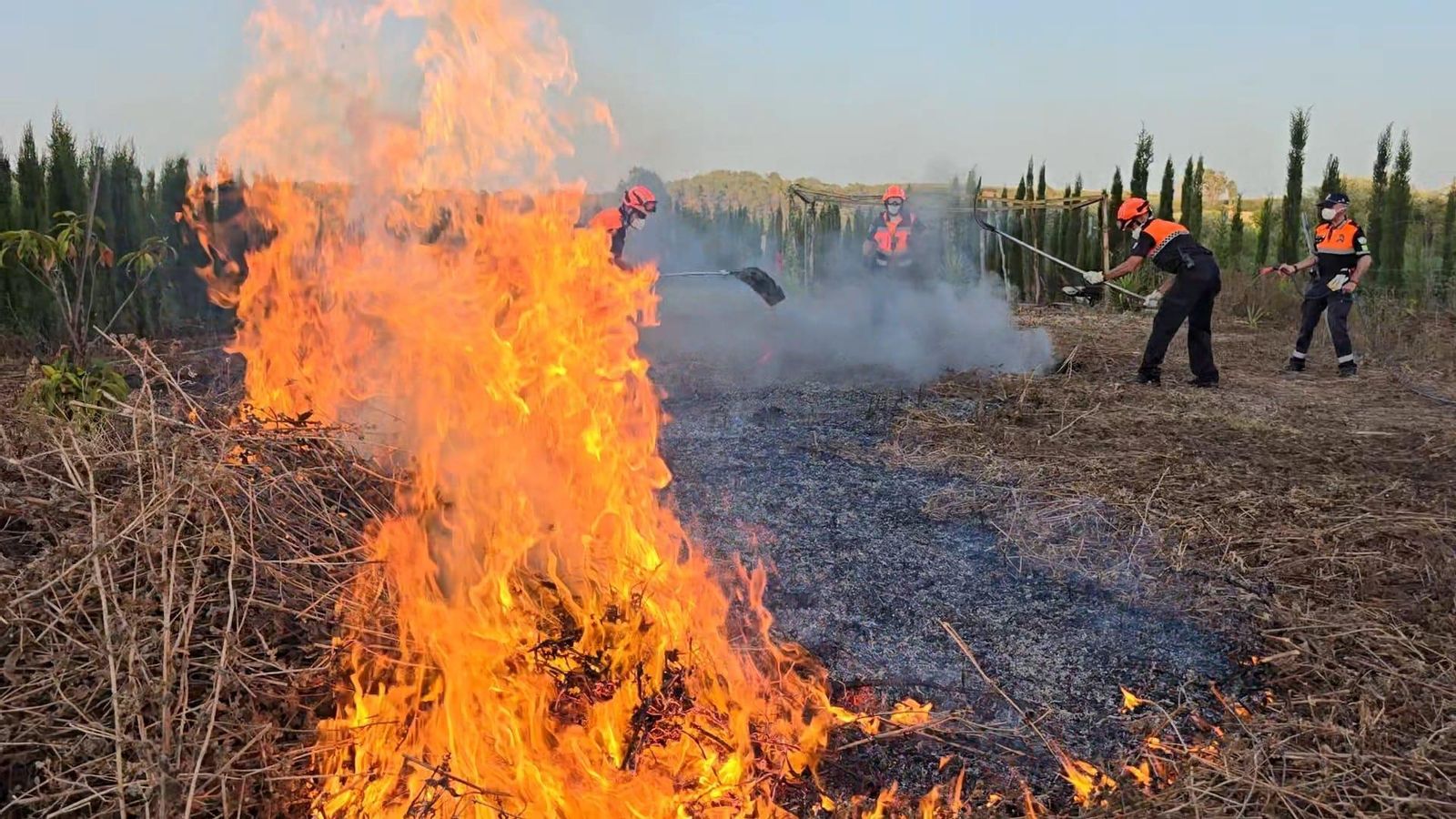 La unidad 'Pronto auxilio' practicando con un fuego real en una zona de pasto y rastrojos en la zona rural de Jerez.